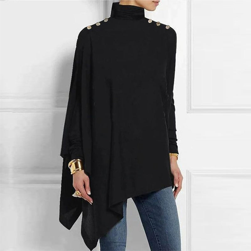 Black Button Shoulder Asymmetrical Tunic Top