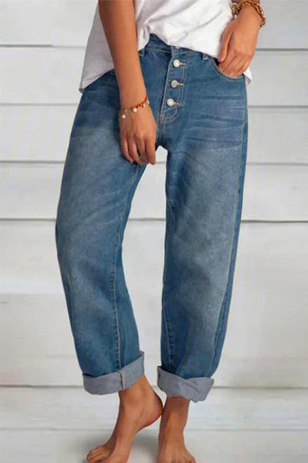 Button Down Cuff Straight Leg Jeans