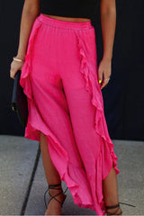 Rose Ruffle Slit High Waist Wide Leg Pants