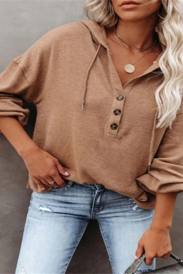 Casual Long Sleeve Hood Buttons Sweatshirt