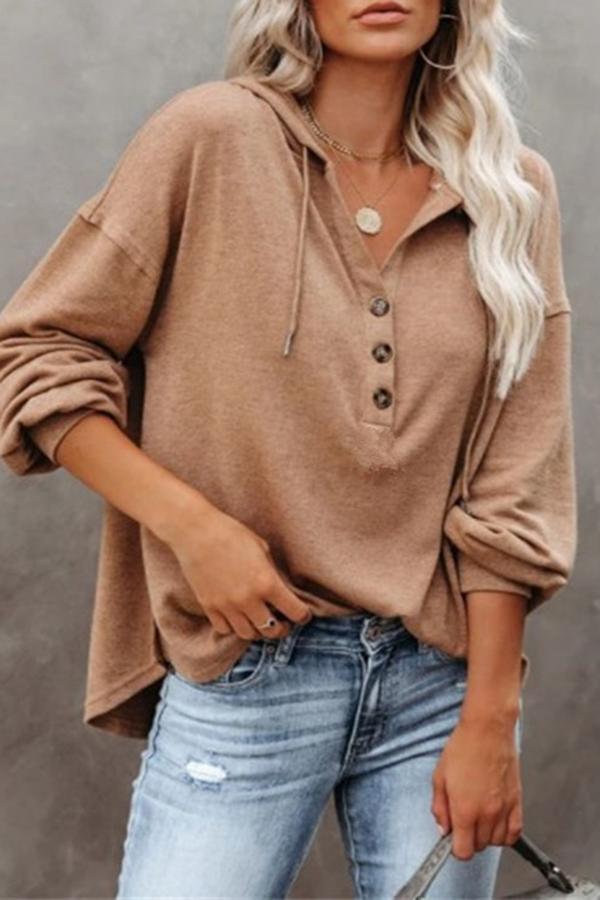 Casual Long Sleeve Hood Buttons Sweatshirt