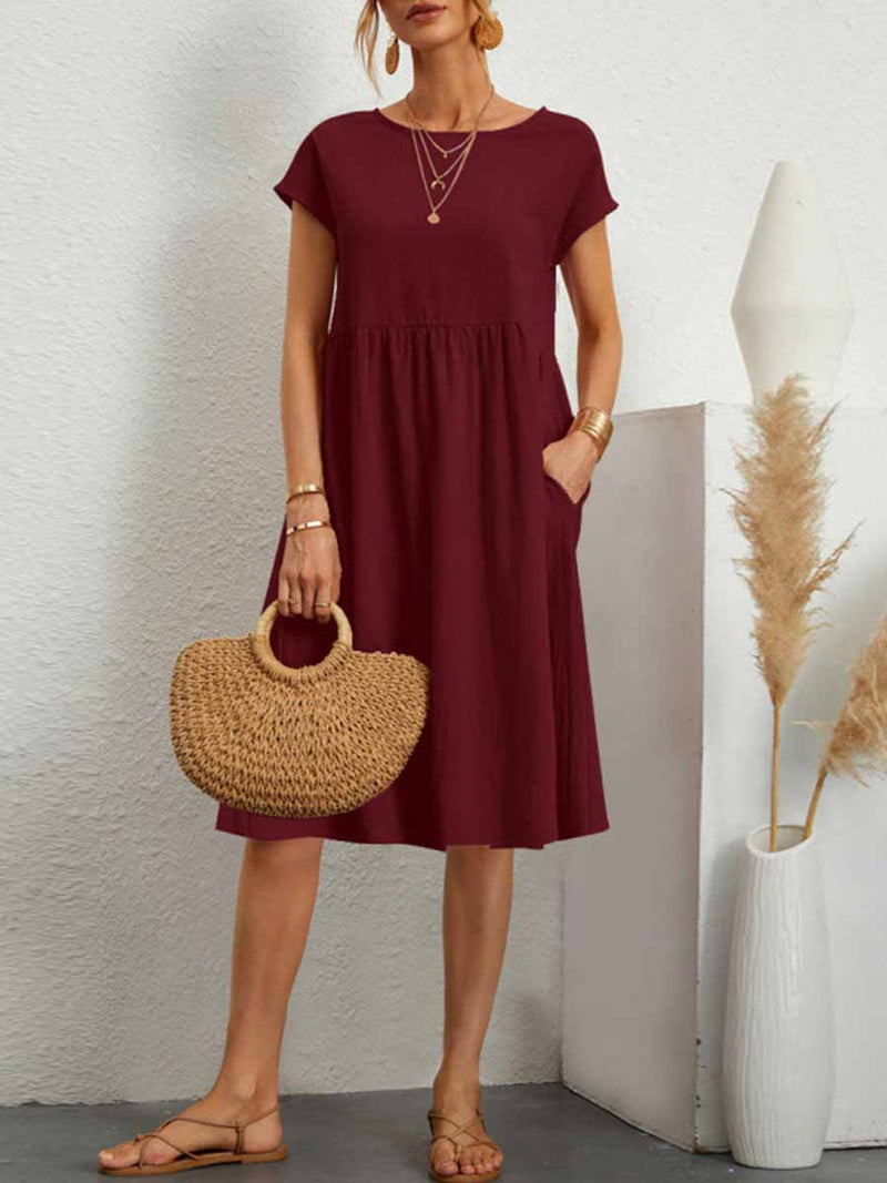 Casual Solid Patchwork O Neck A Line Short Sleeve Dress(11 Colors)