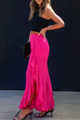 Rose Ruffle Slit High Waist Wide Leg Pants